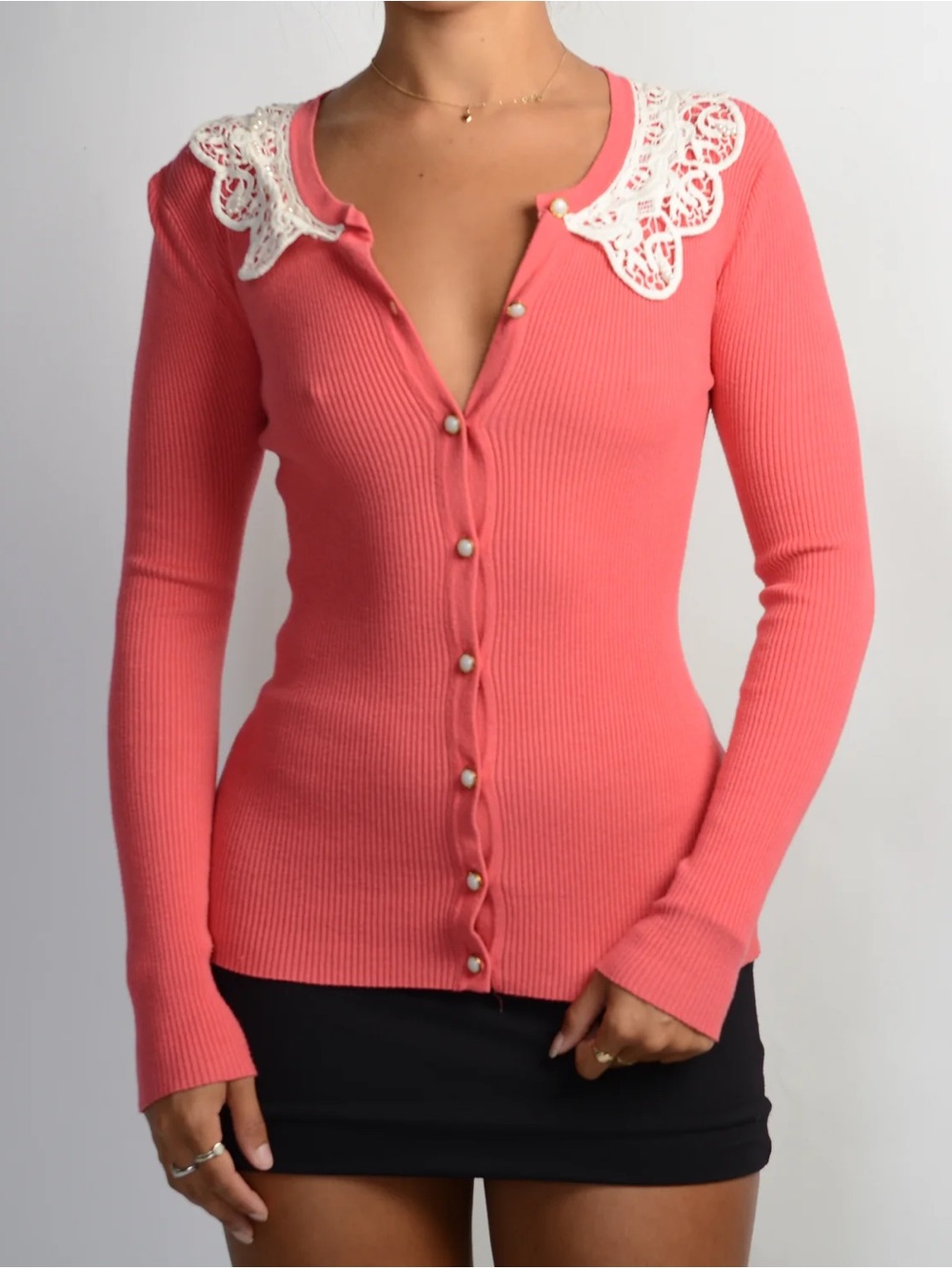 Coral Ribbed Pearl-Button Cardigan with Lace Collar